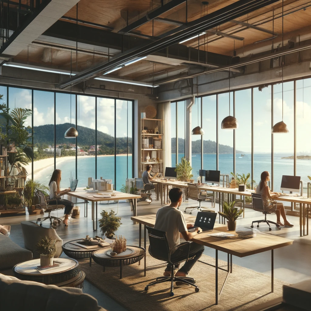 DALL·E 2024 05 24 19.29.06 A modern office with a casual vibe in Phuket Thailand. The office features an open space layout with a relaxed atmosphere. There are large windows of