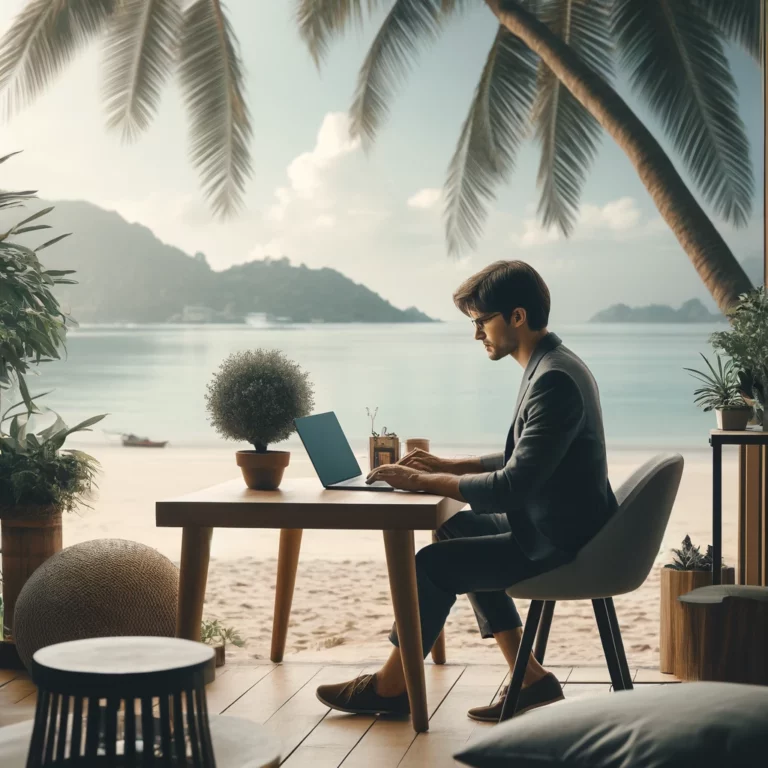 DALL·E 2024 05 28 18.00.36 A digital nomad working on a laptop in a professional and minimalistic setting in Thailand. The scene includes a beach with clear blue waters and palm