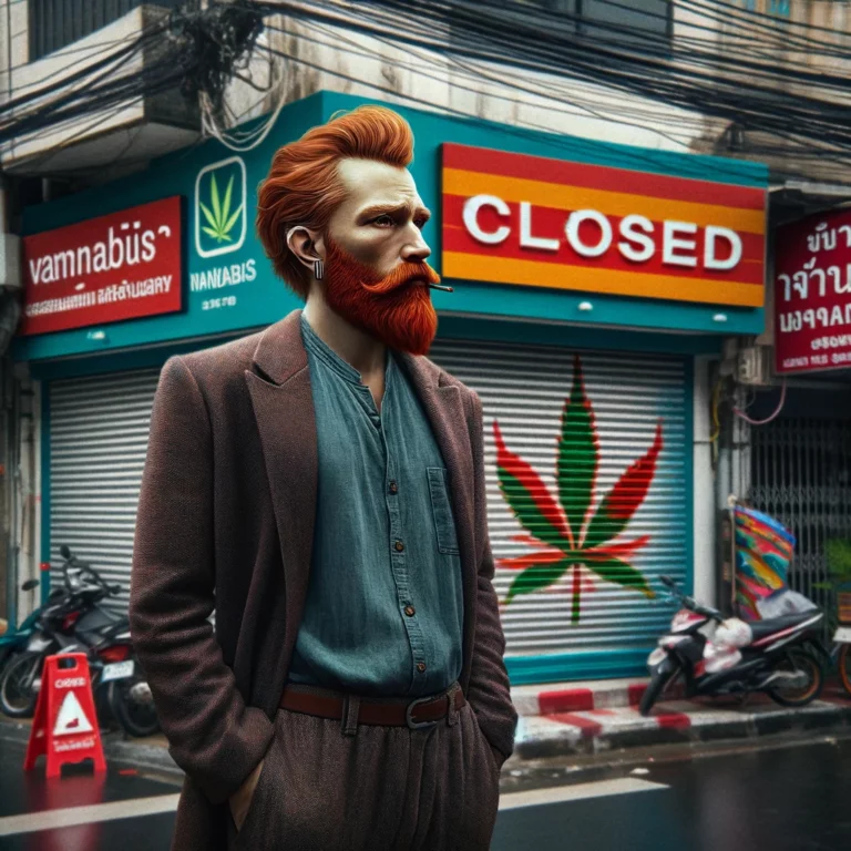 DALL·E 2024 06 12 08.56.04 A professional and serious depiction of a person resembling Vincent van Gogh with a red beard standing in front of a closed cannabis dispensary in Ba